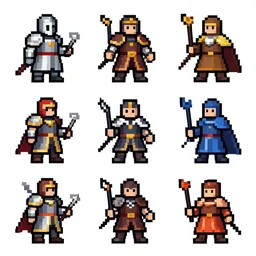 a set of pixel art knights for a 16 bit game