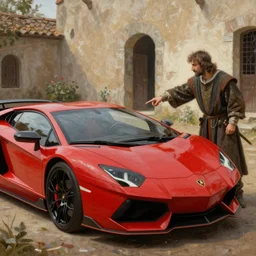 a man pointing to a lamborghini red car, middle ages, oil painting