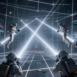 wide view of futuristic spacemen firing lasers in zero gravity, skintight suits, floating, bright white light, hiding behind obstacles, surrounded by a laser grid, unreal engine, lensflares, low perspective