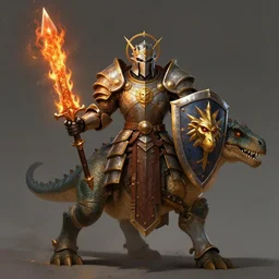 holy paladin wearing full plate armor holding a monkey crest shield and holding flame tongue sword and riding a dinosaur, concept fantasy, dnd