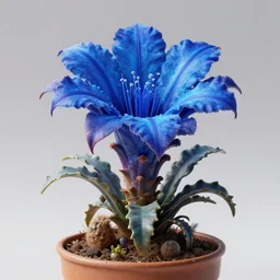 a photograph of a blue fantasy futuristic beautiful dangerous sci fi hybrid tropical desert mutant weird exotic poisonous flower in a pot, hyper realism, octane render, 8 k, hyper detailed, vivid, ultra detailed, highly detailed