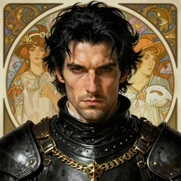 realistic detailed face portrait of a wily rugged handsome king with black hair and black leather armor by alphonse mucha, ayami kojima, amano, greg hildebrandt, and mark brooks, male, masculine, art nouveau, neo - gothic, gothic, character concept design