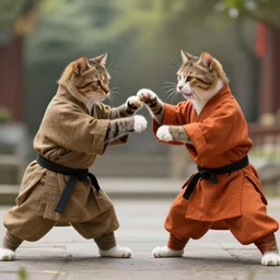real cats dressed as shaolin monks fighting each other, 4k, highly detailed