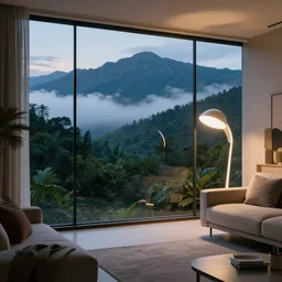 big window, mountains in background, cloud forest in background, tropical in background, twilight lighting, futuristic floor lamps, holiday vibes, living room, furniture, IKEA catalogue, futuristic, ultra realistic, ultra detailed, cinematic light, anamorphic, by Paul Lehr