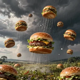 hamburgers raining from the sky, digital art, artstation trending, digital painting