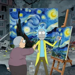 rick sanchez from rick and morty, in the middle of the square at a bombed city, the old lady is painting the starry night on an oil on canvas, 3 5 mm analog photography
