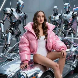 beautiful fantasy character portrait, natalie portman, wearing oversized plastic puffy pink bomber jacket and white leotard, seductive seated pose, futuristic chrome vehicle, ultra realistic, wide angle, dramatic lighting, robots, cyberpunk artifacts, highly detailed by boris vallejo, aaron horkey, paolo eleuteri serpieri, hajime sorayama, peter mohrbacher,,