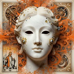 human portrait, face, wearing a carved mineral mask with tiny mineral and gold incrustations, godness, ethereal, elements, golden ratio, baroque, rococo, white + orange + ink + tarot card with ornate by marc simonetti, peter mohrbacher, detailed, intricate illustration, octane render, fractal bacground, mechanical