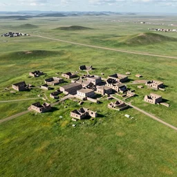 grasslands, ( ( ruins ) ) small town!!!!!!, [ 4 k photorealism ]!!!, trending on unsplash, intricate, zoomed out photography