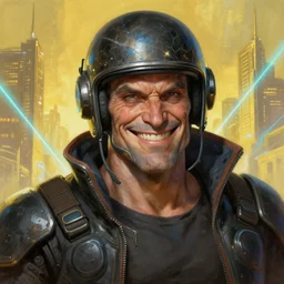 an intimate portrait of a gnarly human cyberpunk captain, old skin, cracked helmet, friendly, charming, strong leader, a look of cunning, big smile, detailed matte fantasy painting, golden cityscape, lasers, sparks, yellow and blue and cyan