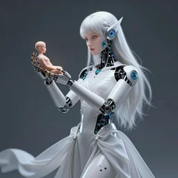 a mystic robot goddess with white dress trying to create human being in her hands, digital art, concept art, trending on artstation, 8 k detailed