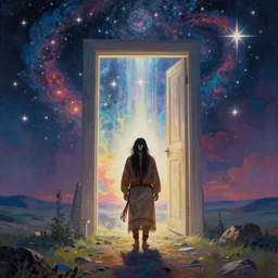 an indigenous shaman entering the world of dreams through a giant door full of light and surrounded by stars, beautiful colors, fantastic, surrealism, vladimir kush art style, alex grey art style