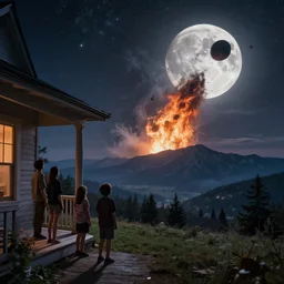 A family on their front porch watching the moon crash into the distant mountains. Comet, Meteorite, apocalypse, shockwave, destruction, atmosphere burning instantly