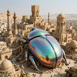 colossal steampunk city made of iridescent beetle carapace, ancient middle eastern architecture
