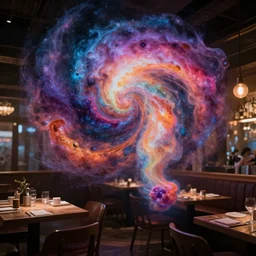 beautiful multicolored farts, galactic, swirling, in a restaurant