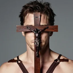 color studio photo of christian bale covered crosses, closeup