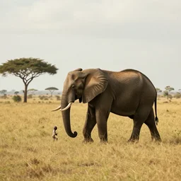 film still, extreme wide shot of an tribal african man rinding an elephant alone on the savannah, extreme long shot, 4 k, award winning