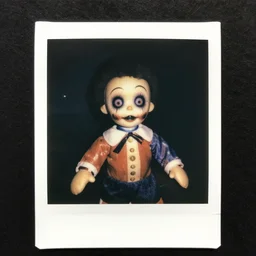 A highly detailed masterpiece eerie color polaroid of a ventriloquist dummy horror, scary, terrifying, horrific, nighttime, dimly lit, creepy hd 4k