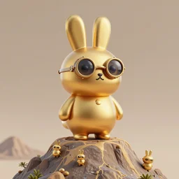 shaggy round rabbit with steampunk glasses, standing in the top of the mountain, art by murakami takashi, ovopack, tatsuro kiuchi, yoji shinkawa, cute, cartoon, 3 d art, c 4 d, unreal engine, fantasy, gold color scheme, perfect lighting, smooth, digital art, concept art, trending on artstation