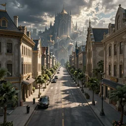 a view of the mostly empty street  of the capital city of a fantasy kingdom, by Greg Rutkowski