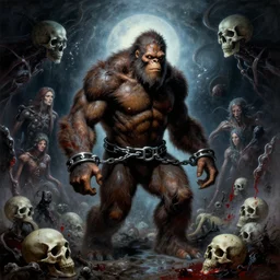 shackled in the void of purgatory, frank frank frazetta and cgsociety, stunning sasquatch, charlie bowater and tom bagshaw, insanely detailed, deviantart, space art, atoms surrounded by skulls, death, and spirits deep water, blood splatters, horror, sci - fi, surrealist painting, by peter mohrbacher