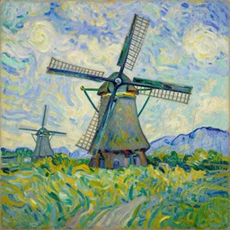 the sky is bright and there are windmills on a dutch landscape, it is almost lucid, vivid colors, pointillism, roughly painted, oil on canvas by Van Gogh