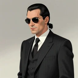 a 1 9 8 0 s businessman, wearing a pinstripe suit, hair in slick low ponytail, sunglasses. secret vampire. character art by steve prescott.