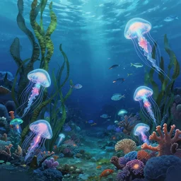 an anime movie background matte painting of fish and glowing jellyfish a magical underwater ocean reef, tall kelp, sea floor, coral, anemones, seaweed, by makoto shinkai, james gurney, and greg rutkowski, trending on artstation, highly detailed