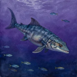 an ichthyosaurus swimming among fish in a deep purple and blue ocean of evil intent, water color, art by artgerm and greg rutkowski and alphonse  mucha and jin xiaodi and anthony devine