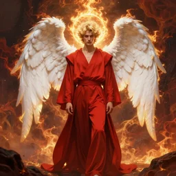 symmetrical fullbody portrait of a beautiful young fit male angel with curly blond hairs, full dressed in long fluent red clothes, majestic big demon wings, luminous fire halo, by greg rutkowski and alphonse mucha, gradient white to gold, in front of an hellish background, highly detailed portrait, digital painting, artstation, concept art, smooth, sharp focus illustration