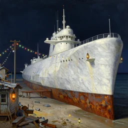 painting by dean cornwell, ilya repin, nc wyeth painting, ultra wide, vanishing point, 3 d perspective, colossal beached nuclear submarine, white marble, award winning, up close, beaching, rust, midnight, junk town, lanterns, makeshift house, colorful lightbulb festoon lights, telephone pole