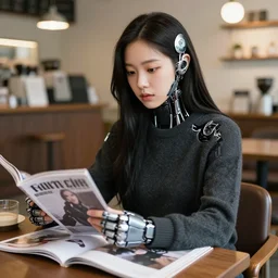 young adult korean woman cyborg in a coffee shop, dark apparel, magazine photo, 3 3 mm