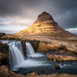 award winning landscape photography of iceland by andy lee, waterfall in foreground with epic mountain in sunlight in background, beautiful light, moody, long exposure, infrared photography, ir filter, dramatic lighting, clouds, rule of thirds, golden ratio, god rays