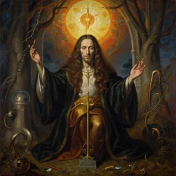 the church of chaos magick honours aleister crowley, hyperrealism, symbolism, do what thou wilt, subject centered in frame, rule of thirds, stunning lighting, very detailed surreal impressionist painting by jan van eyck and beksinski
