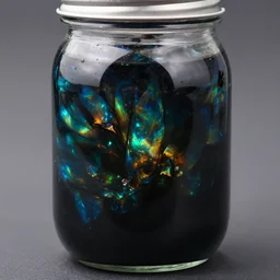a photo of a mason jar filled with a liquid that looks like black fire opal