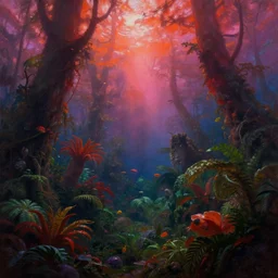 An epic underwater tropical lush forest, by Wayne Barlowe, by Ivan Aivazovsky, by Bruce Pennington, by Paul Lehr, masterpiece, oil on canvas, trending on artstation, top on pixiv, cinematic composition, dramatic scene, beautiful aesthetic lighting, artgem, reds greens purples pinks orange colors, concept art, sharp, high details, hyper-detailed, astrophotography, no frames, 8K