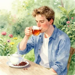 john johnson drinking rooibos tea in the garden. watercolor by the award - winning concept artist