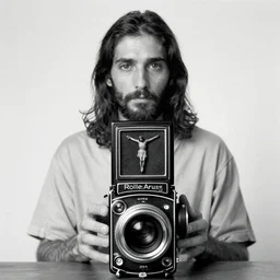 photo of Jesus Christ by Diane Arbus, black and white, high contrast, Rolleiflex, 55mm f/4 lens