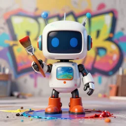 cute robot painter holding a paint brush as graffiti art on a paint bucket by lee, masterpiece, centered, trending on artstation