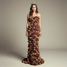 full body fine art photo of the beauty gal gadot, she has a crown and a dress made of dried roses done by oleg oprisco