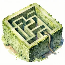 a snake going through a hedge maze, pictured from above. Watercolor illustration.