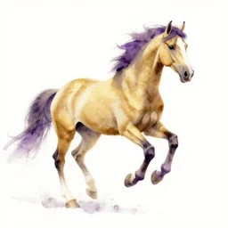 beautiful serene horse, healing through motion, minimalistic golden and purple ink airbrush painting on white background