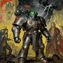 composition of gothic and futuristic, warhammer, cyber armor, more and more scars, thunderstorm, green head, some red and yellow, the middle ages, highly detailed, artstation, in the style of moebius, jugendstil and classic japanese print, painting malcolm hart, don lenzer, composition by rene magritte, jean delville
