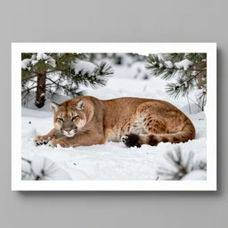 ripped up postcard showing 'a cougar sleeping in the middle of snowy pine tree' laying on coffee table, zoomed out shot, HD, iphone capture, rips, tears