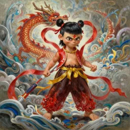 A beautiful oil painting of Nezha fighting a Chinese dragon, by Greg Rutkowski, Boris Vallejo, epic fantasy character art, high fantasy, Exquisite detail, post-processing, low angle, masterpiece, cinematic