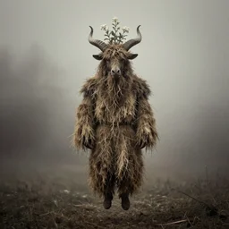 portrait photography of tyrolean farmer wearing a worn hay dragon costume, hovering over the ground, horns on head, roots and edelweiss growing from head, fog, clothes made from hay, desaturated, fog, witch, wicca, 1. 2 f, 3 5 mm, dark, eerie, 1 9 2 0 s ghost photography