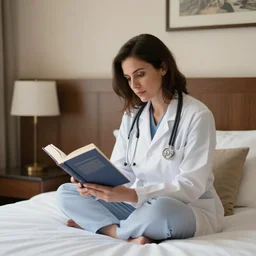 female doctor reading a book about jerusalem on a hotel bed