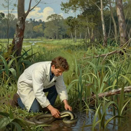 snake oil researcher digging through the dense swamps of Formosa, painting by Edward Hopper and Henri Rousseau, 3D render by Beeple