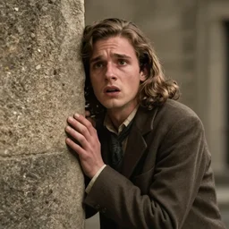 Still of a movie set in the 1930s where a terrified young man with long hair is cornered against a stone wall. He is looking utterly panicked and distressed