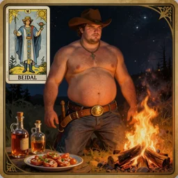 a dramatic, epic, ethereal painting of a handsome thicc shirtless cowboy with a beer belly wearing a large belt behind a campfire | background is a dark starlit night | foreground has food and jugs of whisky | homoerotic | tarot card, art deco, art nouveau | by Mark Maggiori | trending on artstation
